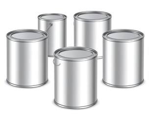 Five cylindrical metal paint cans, silver and clean on white background