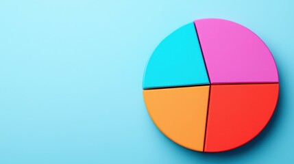 Brightly colored 3D pie chart divided into four equal sections sits on a light blue background