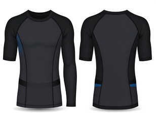 Front and back views of a black athletic long-sleeve compression shirt