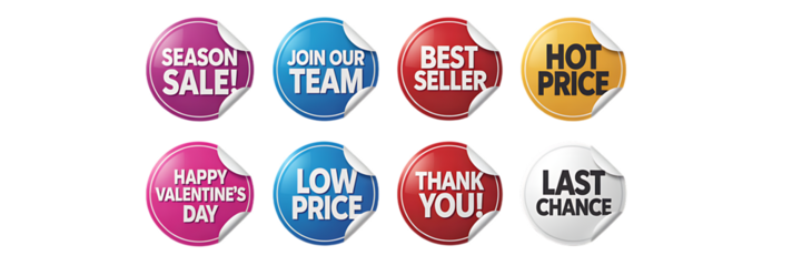Collection of Eight Round Sale and Promotion Stickers on Black Background label badge “3D Sale and Offer Labels Collection – Promotional Speech Bubbles & Ribbon Badges”