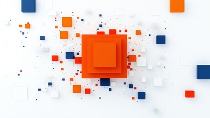 Central orange squares layered with scattered blue red and white 3D geometric cubes on white