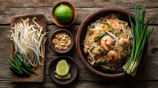 traditional thai pad thai noodles served with shrimp lime peanuts and fresh bean sprouts on a rustic wooden table classic asian street food presentation with raw ingredients for a natural
