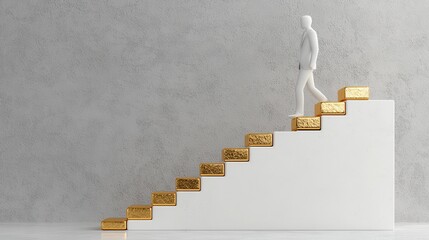 White figure ascending white stairs featuring gold bars as individual steps against a gray wall