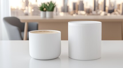 Two simple white cylindrical containers one holding a light brown beverage rest on a bright surface