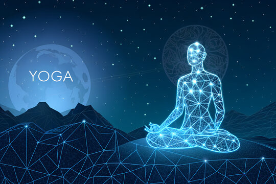Digital yoga meditation figure glowing under starry night sky and moon - Powered by Adobe