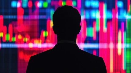 Silhouette of a man in a suit against a vibrant abstract background of glowing digital stock market bars