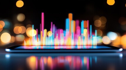 Vibrant digital equalizer bars emerge from a dark screen of a smartphone with city bokeh lights