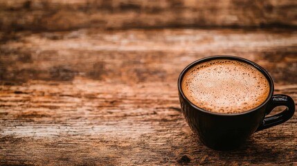 Dark ceramic mug filled with frothy coffee rests on a rustic warm brown wooden table surface