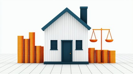 White house illustration stands between rising coin stacks and an orange balance scale