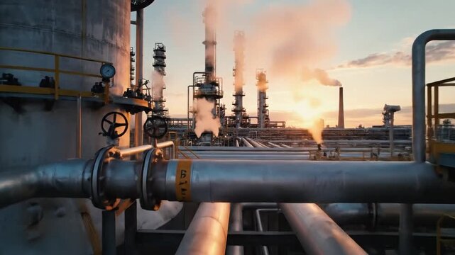 Industrial equipment and pipelines in an oil refinery, highlighting complex infrastructure, energy processing, and large-scale petroleum production operations