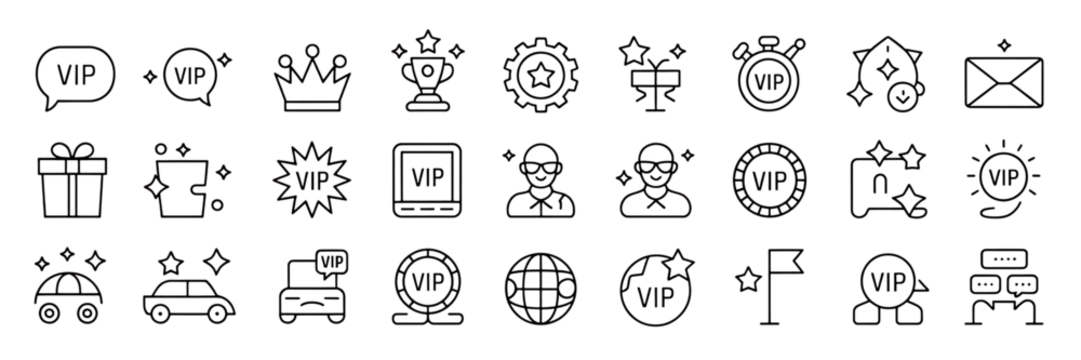 Collection of white outline icons representing VIP status and rewards symbol