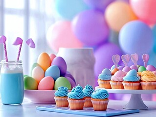 A festive Easter spread featuring decorated cupcakes, a bowl of colorful painted eggs, and a backdrop of pastel balloons.