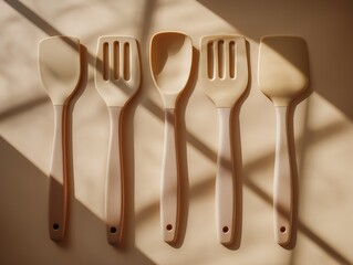 Minimalist Beige Silicone Kitchen Utensil Set in Hard Morning Shadows — Top-Down Flat Lay