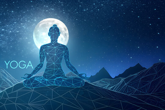 Digital wireframe figure meditating under full moon and starry night sky