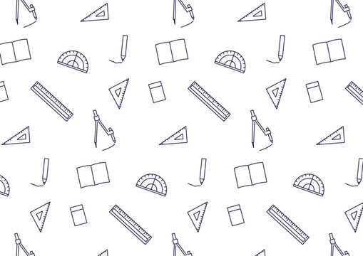 算数文具のかわいいシームレス背景_モノクロ線画