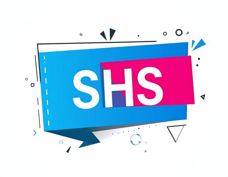 A vibrant, abstract graphic featuring the letters "SHS" in bold white against a blue and pink speech bubble. Geometric shapes surround