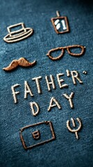 Close-up of embroidered text "FATHER'S DAY" and icons like a hat, mustache, glasses, a trophy, and a tie on textured blue fabric.