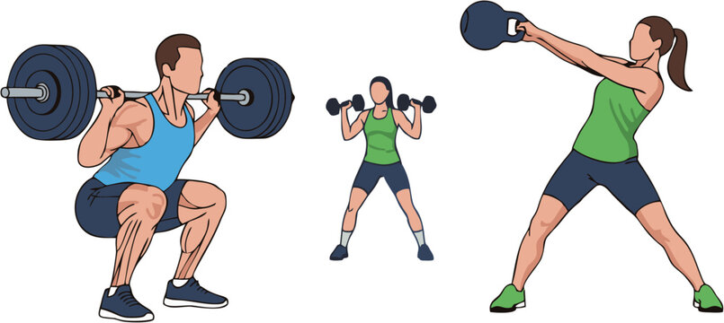 Vector illustrations of people performing strength training exercises barbell squats, dumbbell curls, and kettlebell swings, promoting an active and healthy fitness lifestyle