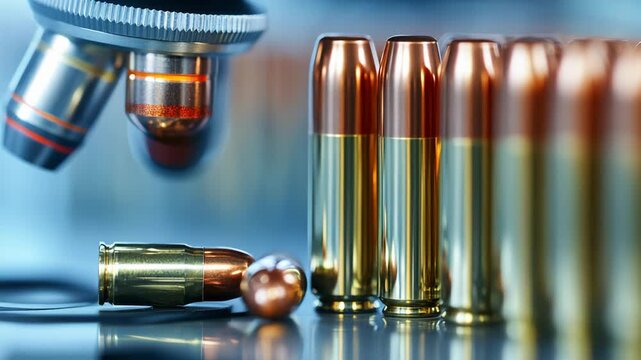 selective focus forensic firearms expert comparing fired bullets with suspect weapon