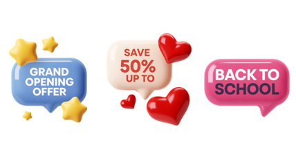 Grand Opening Offer Save 50 Percent Up To Back To School Speech Bubbles sale discount “Sale Promotion Badge and Speech Bubble Icon Set – Special Offer Discount Labels”