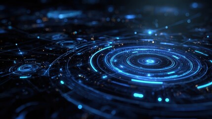 the text describes a futuristic digital network with glowing blue nodes thin lines circular tech patterns and geometric rings accompanied by a neon cyber grid and hightech data visualization