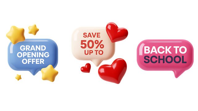 Grand Opening Offer Save 50 Percent Up To Back To School Speech Bubbles sale discount “Sale Promotion Badge and Speech Bubble Icon Set – Special Offer Discount Labels” - Powered by Adobe