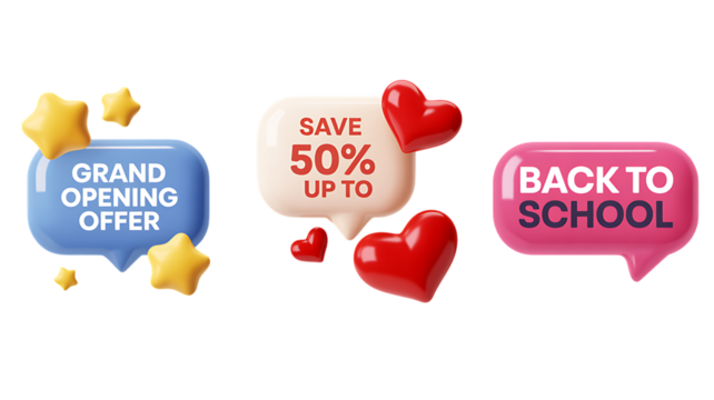 Grand Opening Offer Save 50 Percent Up To Back To School Speech Bubbles sale discount “Sale Promotion Badge and Speech Bubble Icon Set – Special Offer Discount Labels”