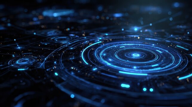 the text describes a futuristic digital network with glowing blue nodes thin lines circular tech patterns and geometric rings accompanied by a neon cyber grid and hightech data visualization