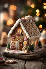 Fototapeta premium Festive gingerbread house on wooden table on blurred Christmas tree with lights background.