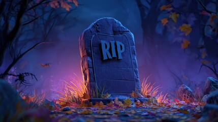 cartoon gravestone with rip inscription in a spooky halloween background