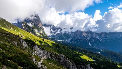 Majestic mountain landscape with vibrant green slopes and cloudy sky.