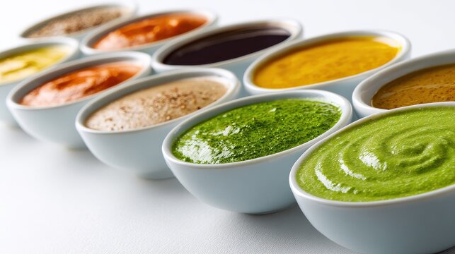 a row of bowls with different sauces including one with green sauce the bowls are arranged in a neat row on a white surface