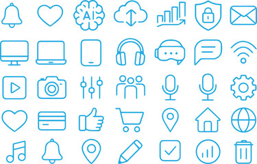 Digital Technology and Communication Line Icons Set | Flat Interface Symbols Collection