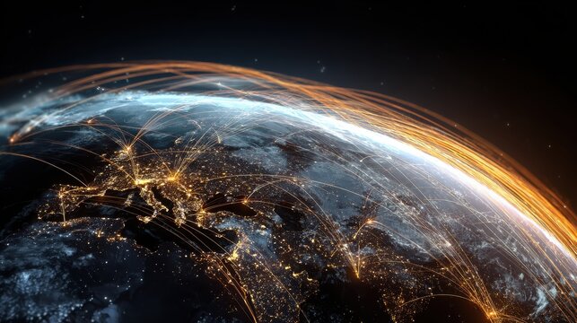a digital representation of earth showcasing glowing data lines and city lights illustrating technology and global connectivity - Powered by Adobe