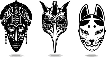 Tribal and animal-inspired masks with intricate designs, representing cultural heritage and artistic expression