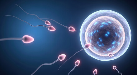 Human sperm cells moving towards an egg cell in blue luminous environment, seen under a microscope, depicting cellular interaction