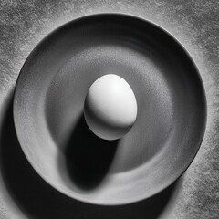 White Egg in Dramatic Light on Textured Plate — High-Contrast Monochrome Still Life
