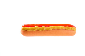 boiled sausage with ketchup and mustard isolated.