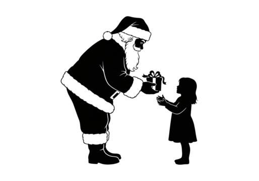 Santa Giving Gift to Child Christmas Silhouette Black SVG