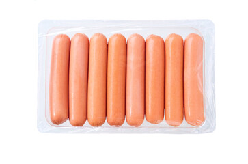 Package of boiled sausages isolated on white background, top view.
Plastic tray of boiled sausages isolated on white background.