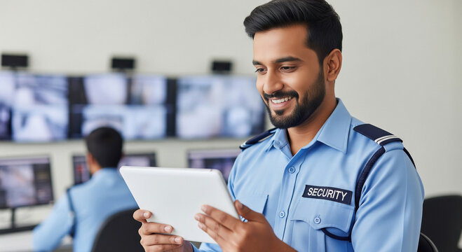 A security officer in a dark uniform monitors surveillance screens and checks a tablet, in a high-tech control room.