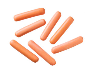 whole boiled sausages isolated on white background, top view.