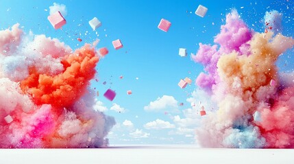 A vibrant explosion of pink, orange, and yellow powder billows against a clear blue sky, with small cubes scattered in the air.