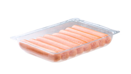 Package of boiled sausages isolated on white background.