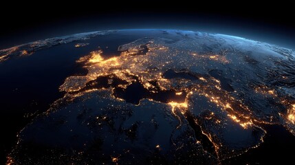 global map view at night illuminated city lights highlight europe middle east and africa creating dramatic and captivating atmosphere