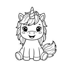 Black and white cartoon unicorn with simple bold lines and cute expressive features, unicorn cartoon, cute unicorn, fantasy horse
