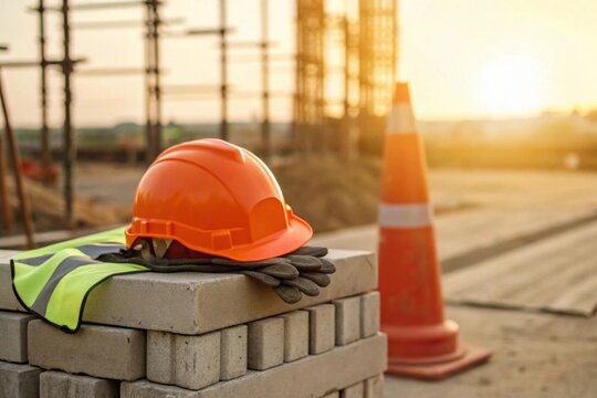 Construction safety gear on concrete bricks outdoor site image sunset close-up work zone preparedness