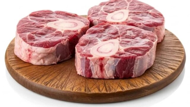Three beef shanks are arranged on a wooden cutting board