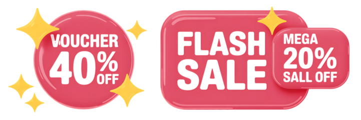Pink voucher and flash sale tags with starbursts and percentage discounts mega sale “Sale Promotion Badge and Speech Bubble Icon Set – Special Offer Discount Labels”