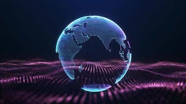 Dynamic particle wave converging into a glowing globe representing digital connection global data networks and energy flow ideal for technology innovation and futuristic design themes - Powered by Adobe